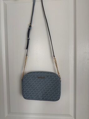 Michael Kors Light Blue MK Monogram Crossbody with Gold Chain